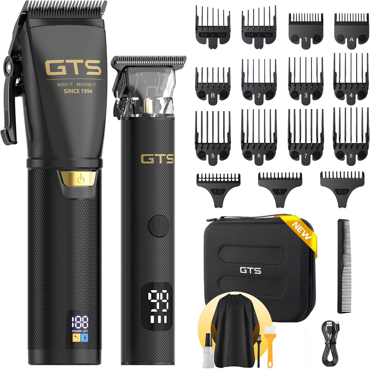 GTSPRO Afeitadoras/Recortadoras para Hombre Profesionales, Recortadora de Cabello Inalámbrica para Cortar el Cabello, Kit de Recortado para Barberos con Pantalla LED y 15 Peines Guía