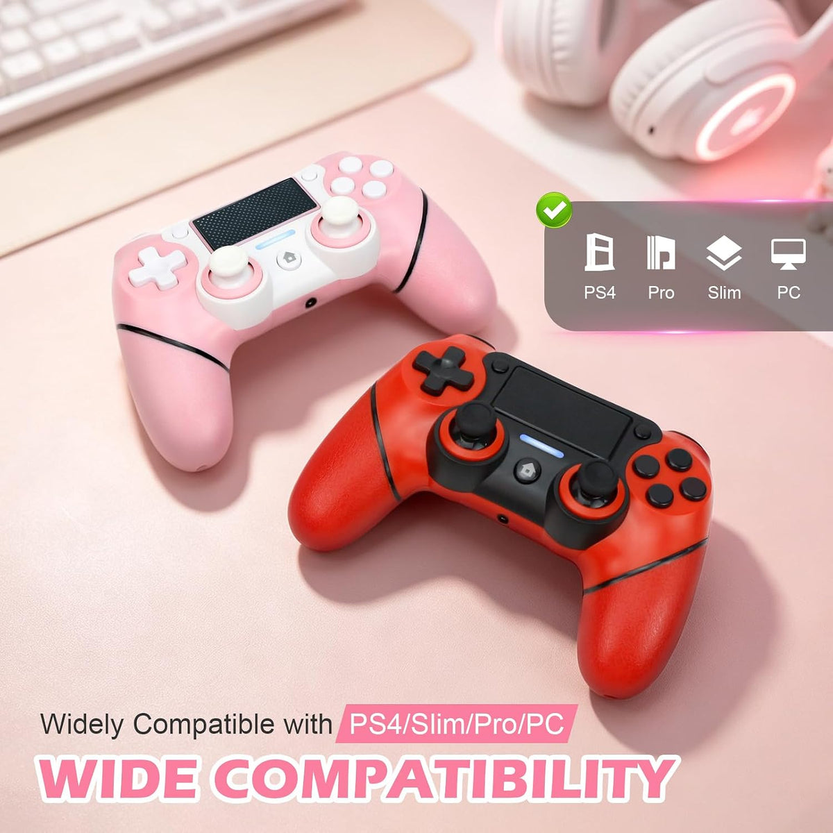 Paquete de 2 controles para PS4 con tapones para joysticks, control inalámbrico con botones traseros programables para PS4/Pro/Slim/PC, batería de 1000mAh/vibración dual/joystick con efecto Hall/panel táctil/giroscopio de 6 ejes/entrada de 3.5 mm
