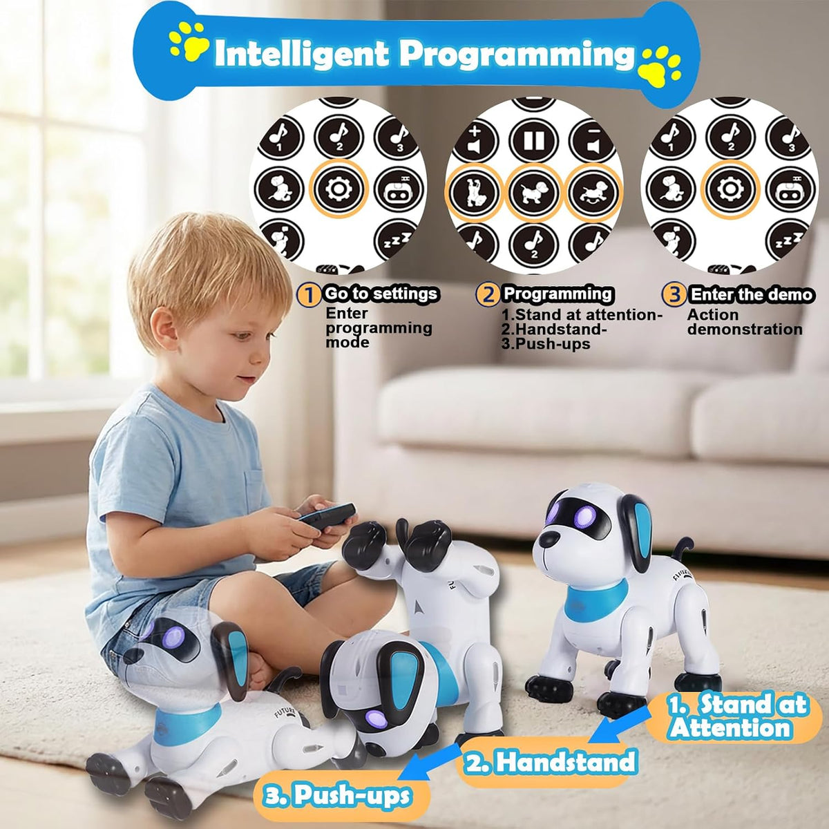yiman Robot de juguete para perros con control remoto, robot inteligente programable para niños de 3 años en adelante, baile y sonido interactivos, juguetes de acrobacias RC con ojos LED, juguete electrónico para mascotas para niños y niñas (rosa)