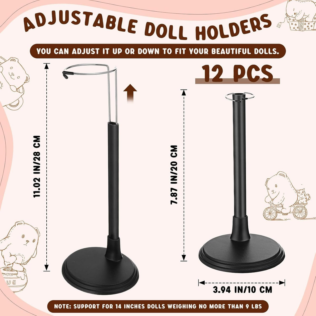 Yaocom - 12 soportes para muñecas ajustables de 8 a 14 pulgadas, color, Negro