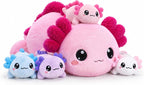 Axolotl - Animal de peluche con bebés, lindo peluche de axolote de mamá con 4 mini axolotes de bebé, conjunto familiar de anfibios suave, regalo de peluche Kawaii para niños, niñas, niños y