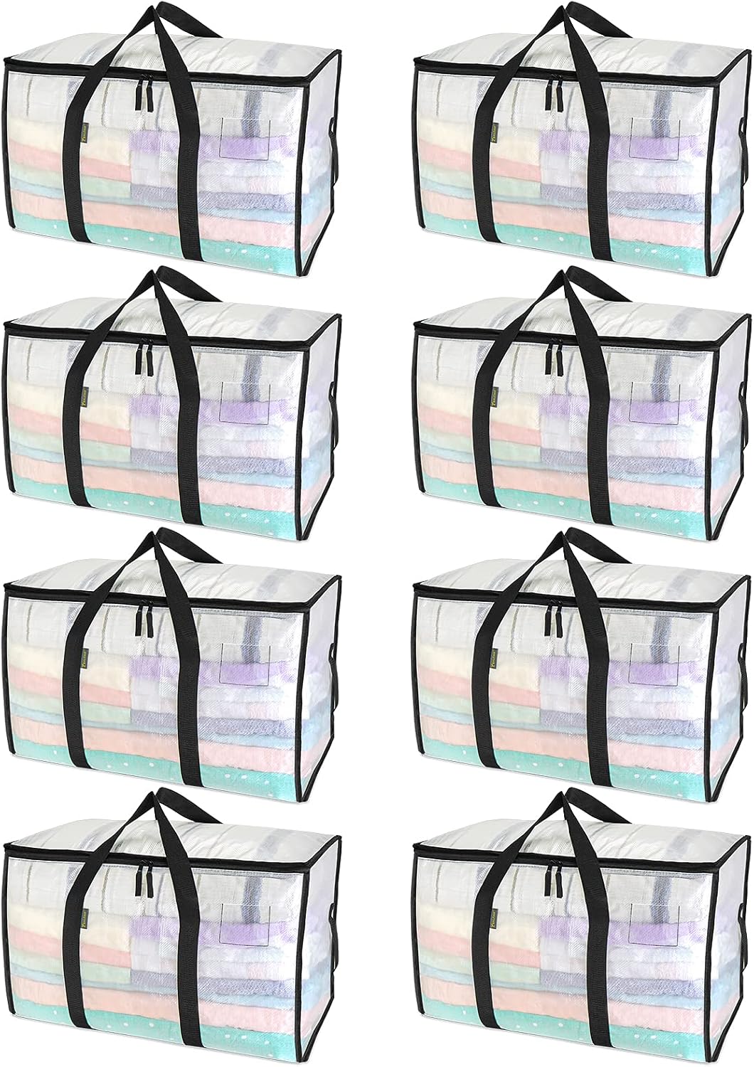BALEINE Paquete de 8 bolsas de mudanza de gran tamaño con asas reforzadas, bolsa de almacenamiento resistente para ropa, suministros de mudanza (transparente, paquete de 8)