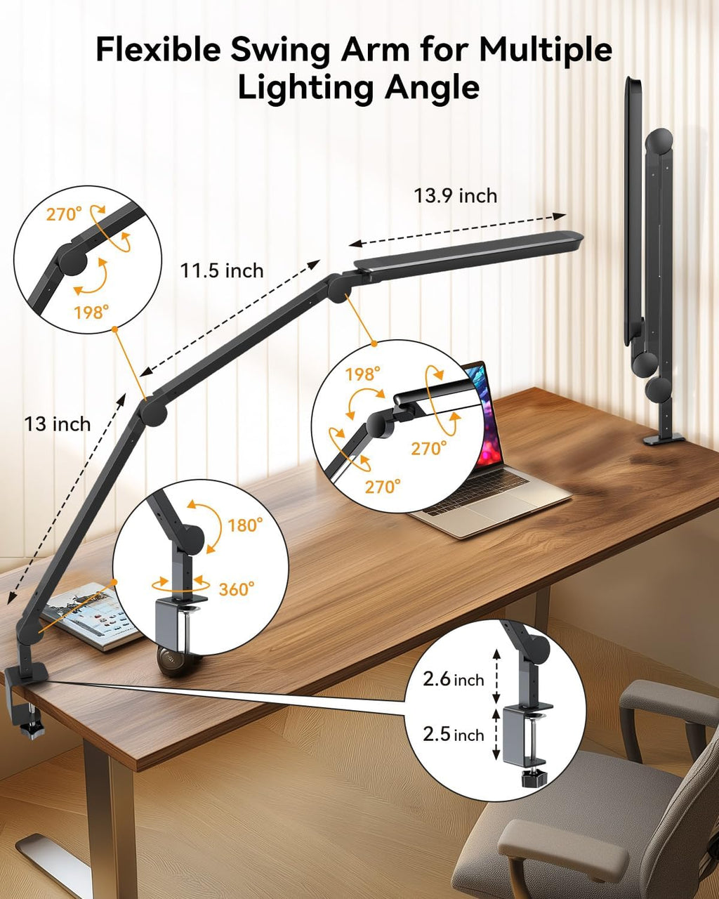 Lámpara Lámpara de escritorio LED con abrazadera, lámpara de escritorio de arquitecto con control remoto, luz de escritorio de brazo oscilante flexible con luz LED dual, atenuación continua, 5 modos de color