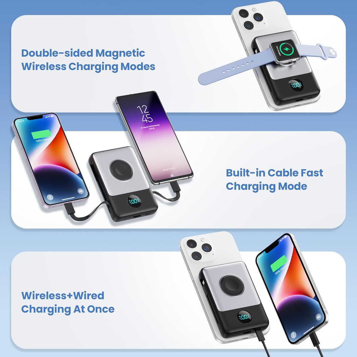 Cargador portátil magnético 6 en 1 para iPhone con cables integrado...