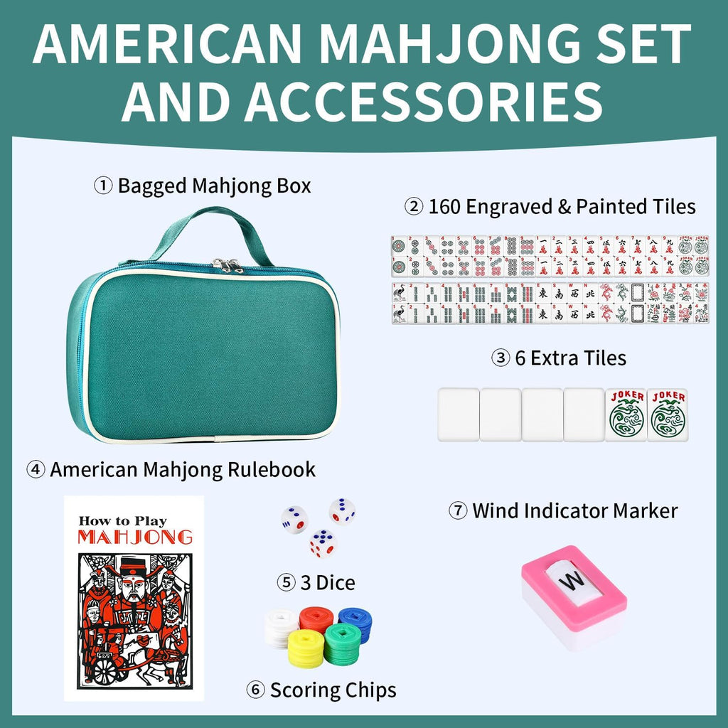 Juego de mahjong americano prémium con bolsa de transporte duradera verde, 166 azulejos blancos, incluye fichas y dados, juego de azulejos Mahjong portátil de viaje completo
