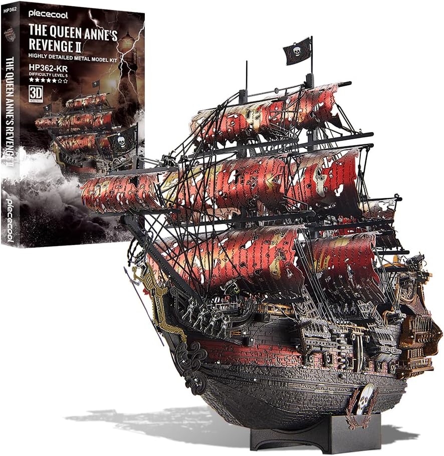 Piececool - Rompecabezas de metal 3D para adultos, juegos de construcción del modelo del barco pirata Red Queen Anne's Revenge, kit de construcción de modelo de embarcación 3D, juegos de manualidades