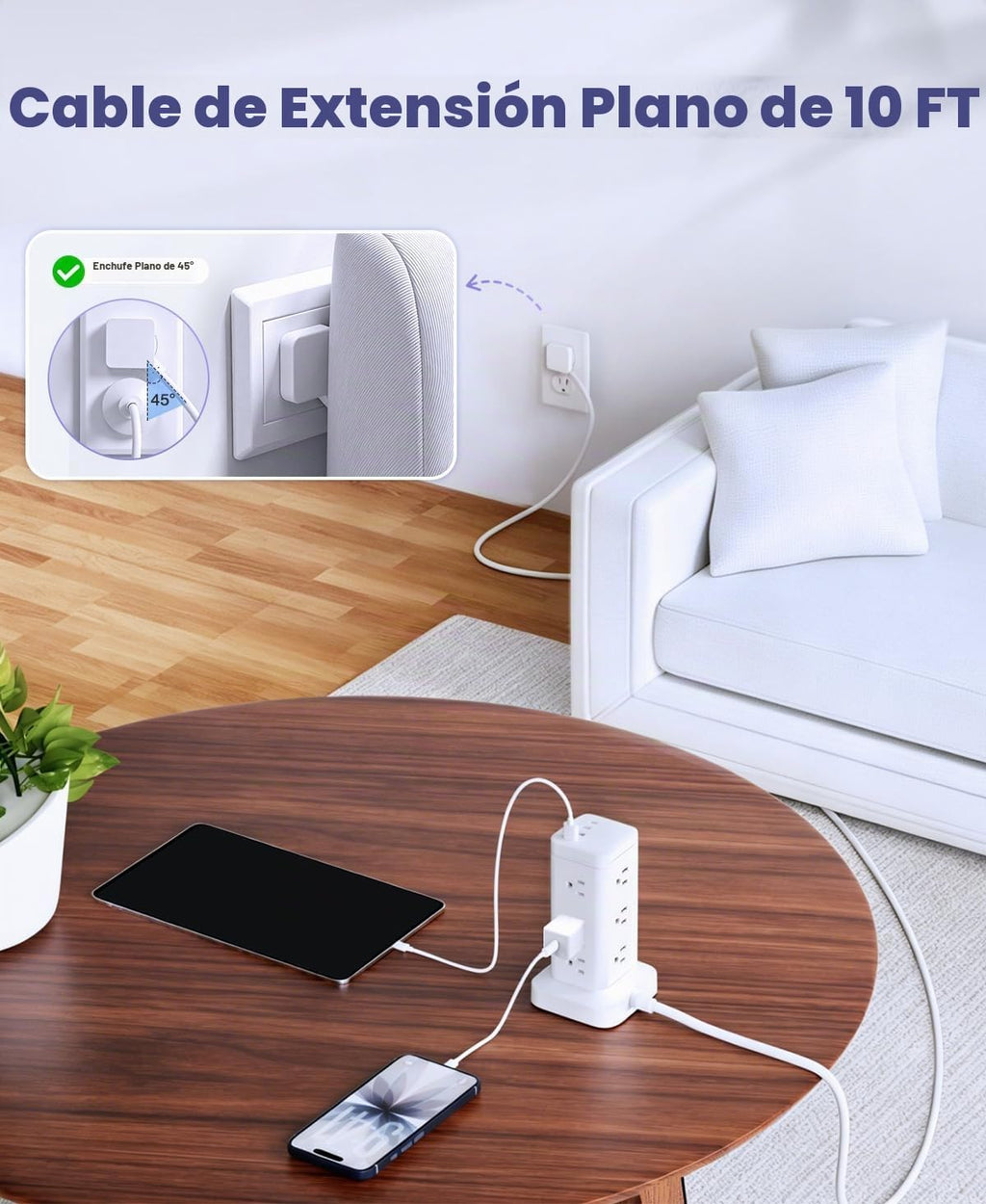 Regleta de alimentación en torre con puerto de carga rápida PD de 30 W, 12 tomas, 4 puertos USB (2 USB-C), protector de sobretensiones de 1800J, estación de carga para múltiples dispositivos, cable de