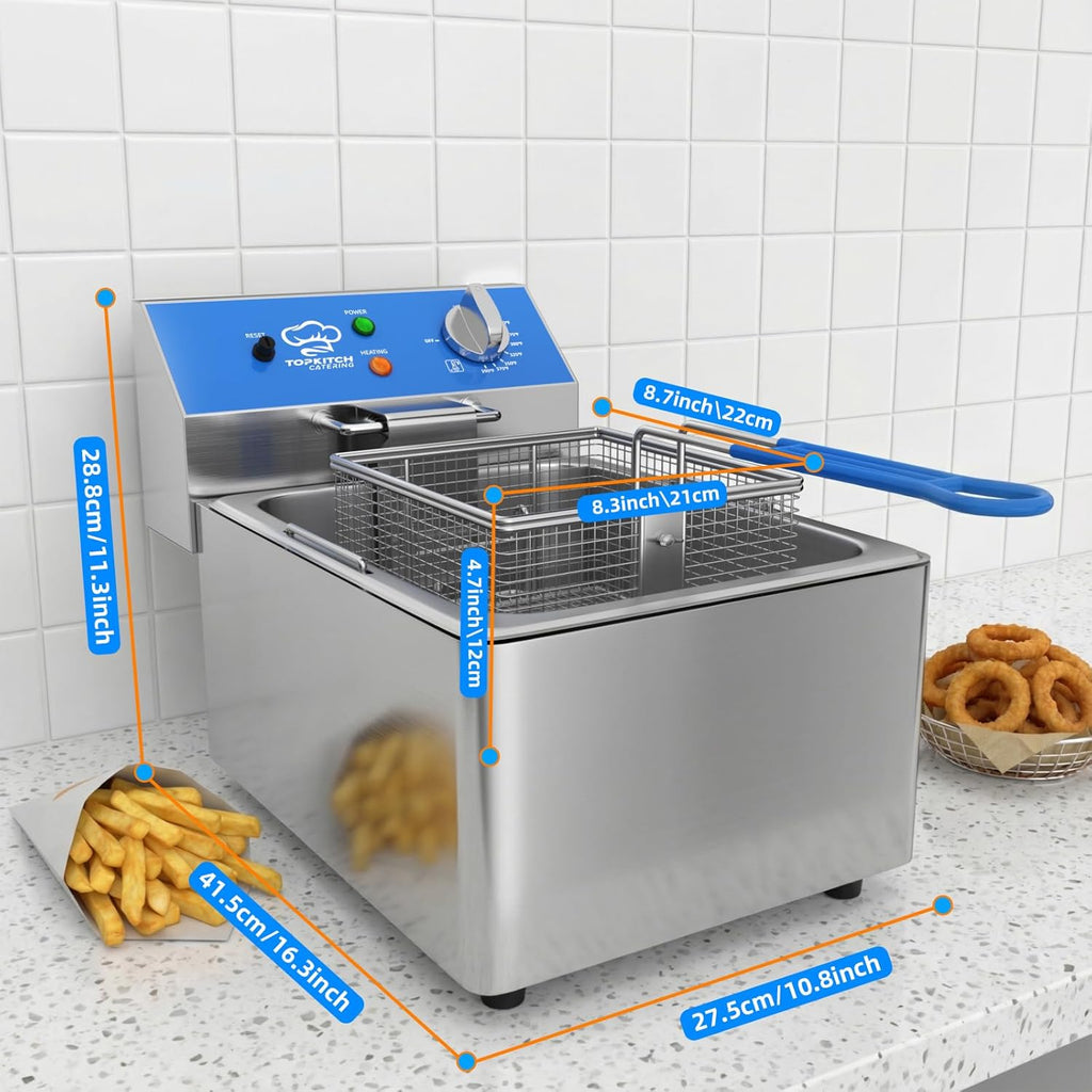 TOPKITCH Freidora Eléctrica Profunda de 6L con Envase de Aceite Extraíble y Asa, Cesta de Malla de Alambre Sólido y Tapa, Freidoras Comerciales Ligeras para Encimera - 120V 1800W