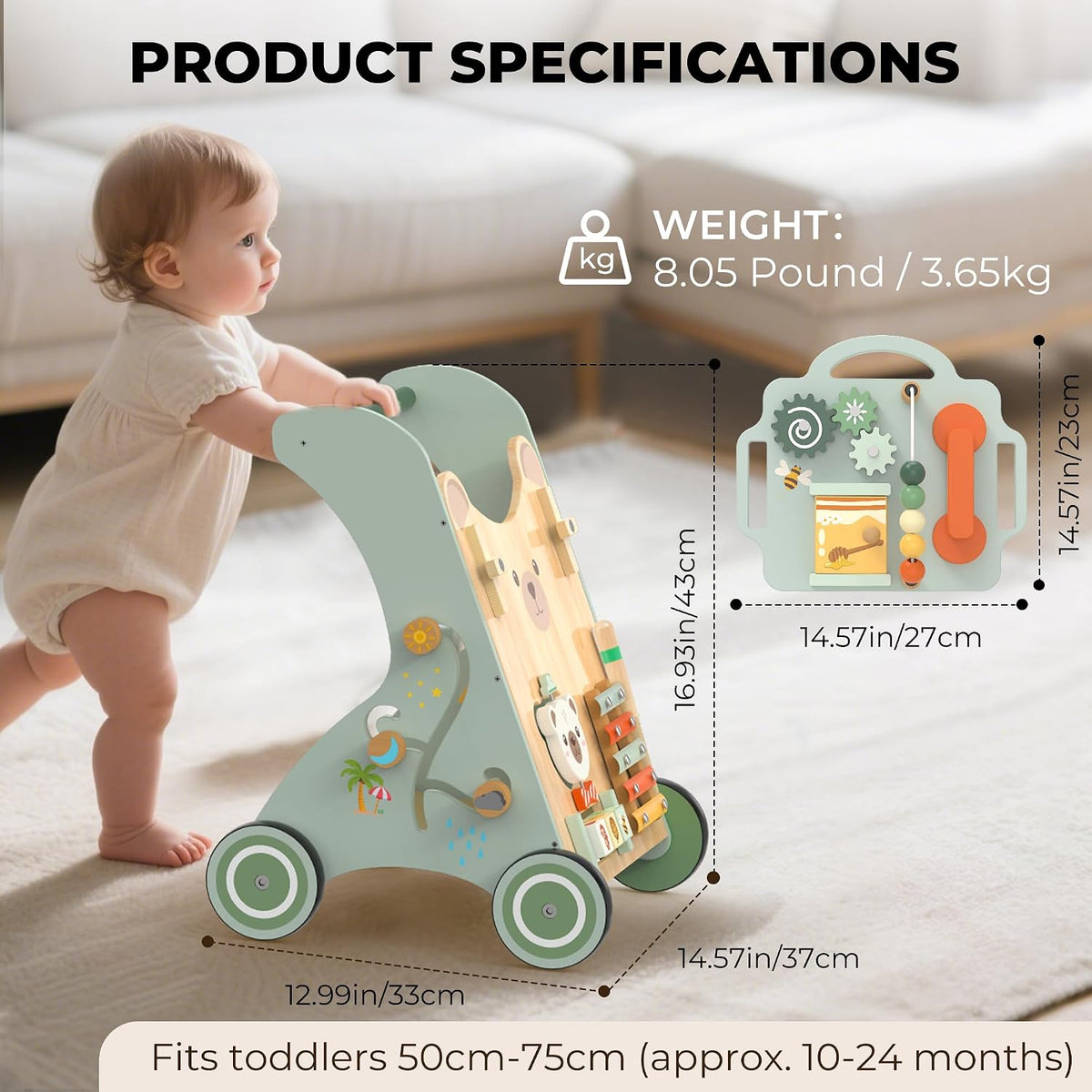 WOODMAM - Andador de empuje para bebés, juguete de aprendizaje de madera para estar sentado a pie para 12 meses