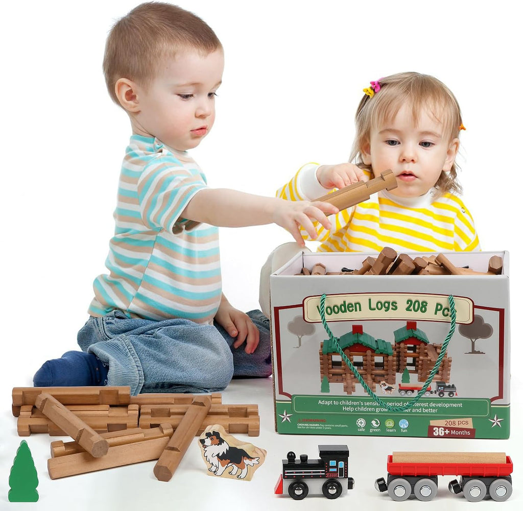 Wondertoys Juego de troncos de madera de 208 piezas, troncos de construcción clásicos a partir de 3 años, el mejor juego de regalo de construcción retro para niños, regalos educativos de ingeniería de