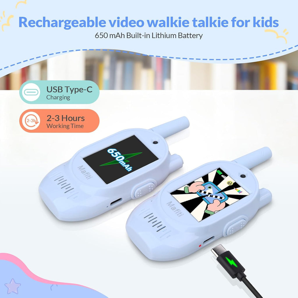 Mafiti Walkie Talkies de video para niños, paquete de 2 juguetes recargables de alcance de 1000 pies para niños de 3, 4, 5, 6, 7, 8 años, regalos de cumpleaños (azul + azul)