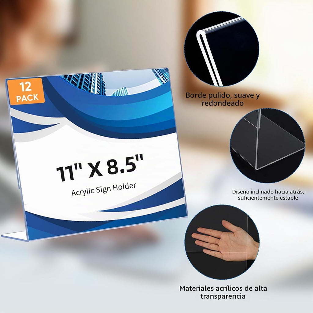 Paquete de 12 soportes de plástico en forma de L de 11 x 8.5 pulgadas con almohadillas antideslizantes, soporte acrílico de mesa para negocios y tiendas, para volantes, menús, documentos, precio, boda