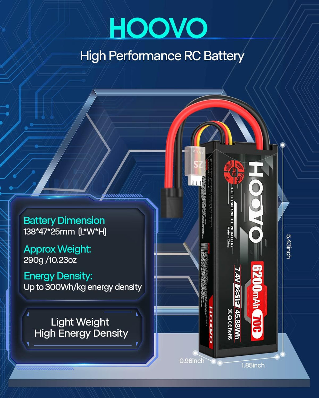 HOOVO 7.4V 70C 6200mAh 2S Lipo Batería Estuche Duro con Enchufe Tracxas (2