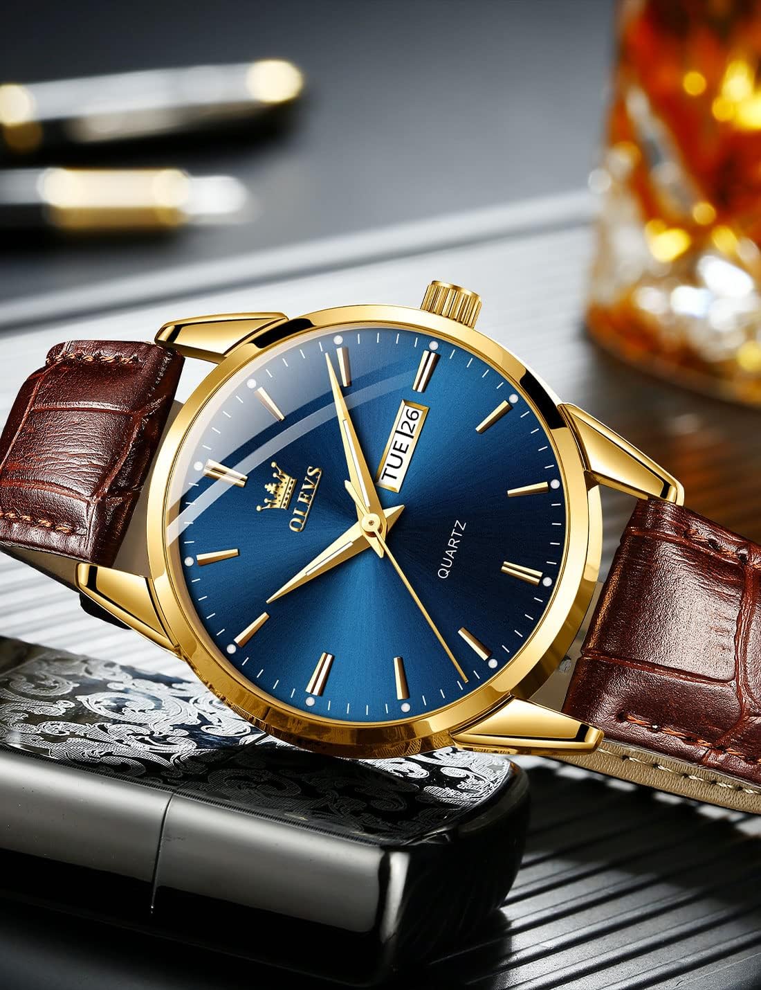 OLEVS Relojes de Cuero para Hombres, Casual, Fácil de leer, Quartz, Números, Resistente al Agua