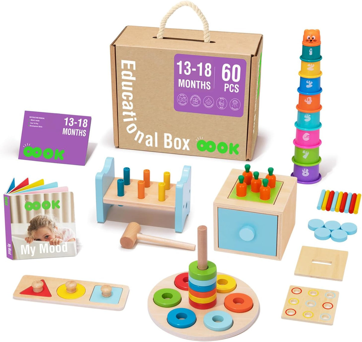 TOOKYLAND Juguetes Montessori para niños de 1 año, conjunto educativo de aprendizaje 8 en 1 de juguetes de madera (incluye tazas apilables, caja educativa 3 en 1, banco de martilleo, rompecabezas de
