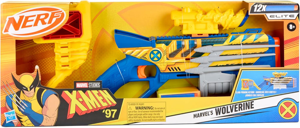 Nerf Marvel Wolverine Blaster, alcance, almacenamiento de 6 dardos, acción de bomba, 12 dardos Nerf Elite, regalos para niños a partir de 8 años