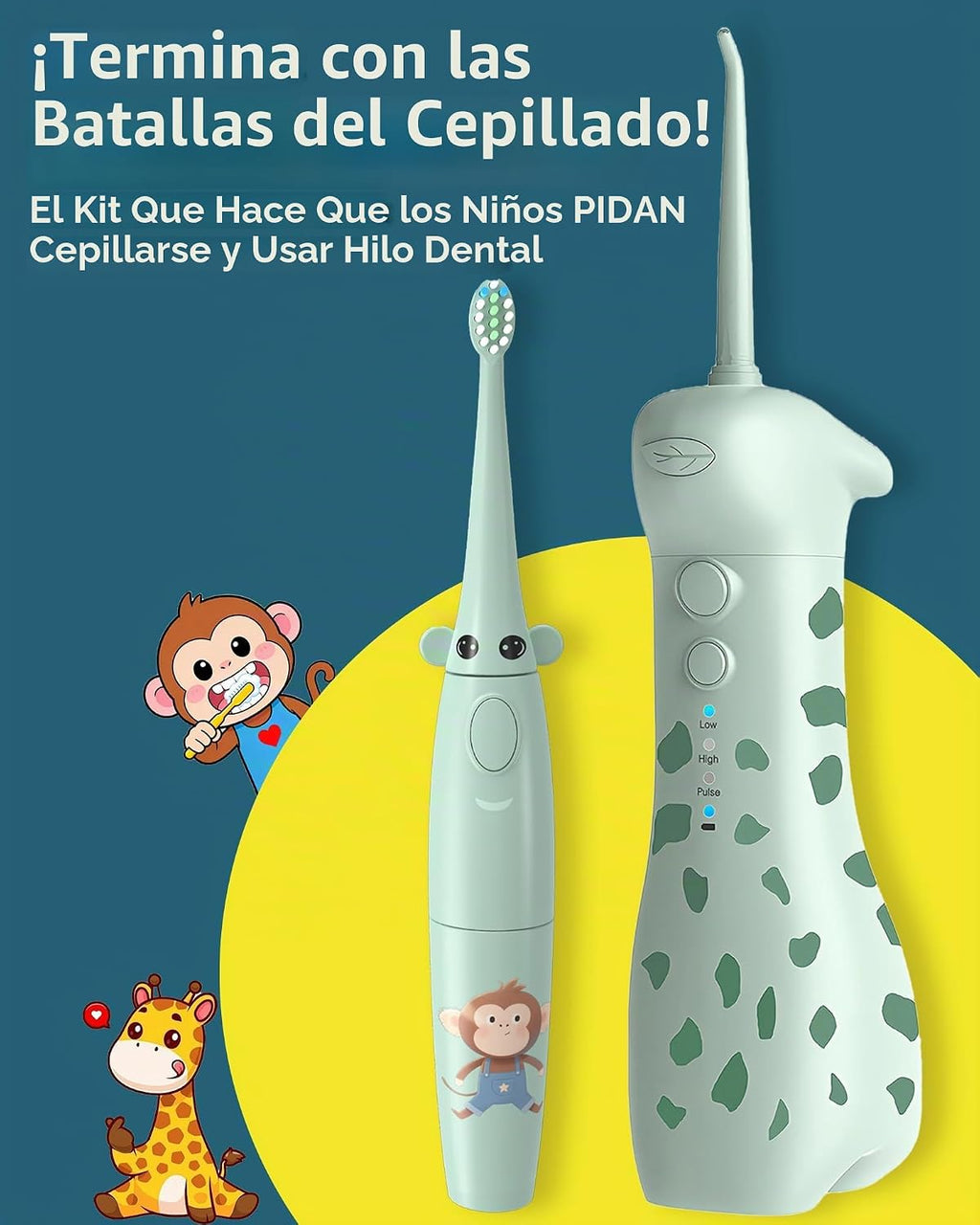 Irrigador dental eléctrico para niños de 6 a 12 años, irrigador oral para niños con 3 modos suaves y 2 modos sónicos, kit dental compatible con aparatos ortopédicos para niños y niñas (diseño de jirafa y mono)
