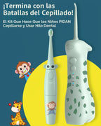 Irrigador dental eléctrico para niños de 6 a 12 años, irrigador oral para niños con 3 modos suaves y 2 modos sónicos, kit dental compatible con aparatos ortopédicos para niños y niñas (diseño de jirafa y mono)