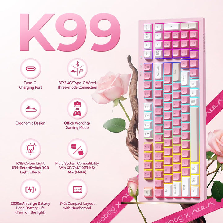 LEOBOG x Aula - Teclado para juegos, teclado cremoso inalámbrico, t...