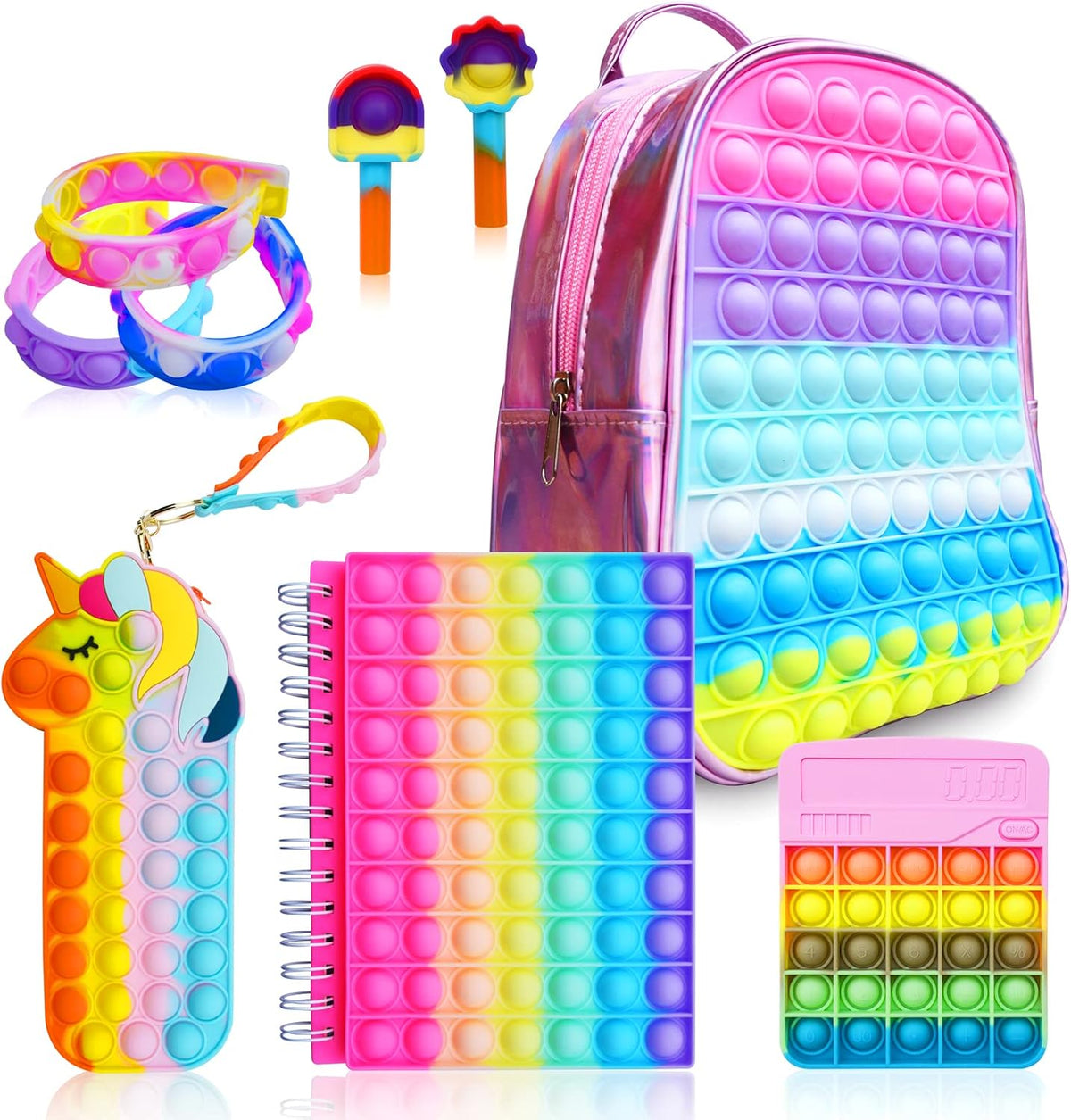 Mochila Pop Fidget para niñas, bolsas de reventar y cuaderno pop it y estuche de lápices de unicornio para niños, suministros escolares para aliviar el estrés, gran regalo de cumpleaños para niños