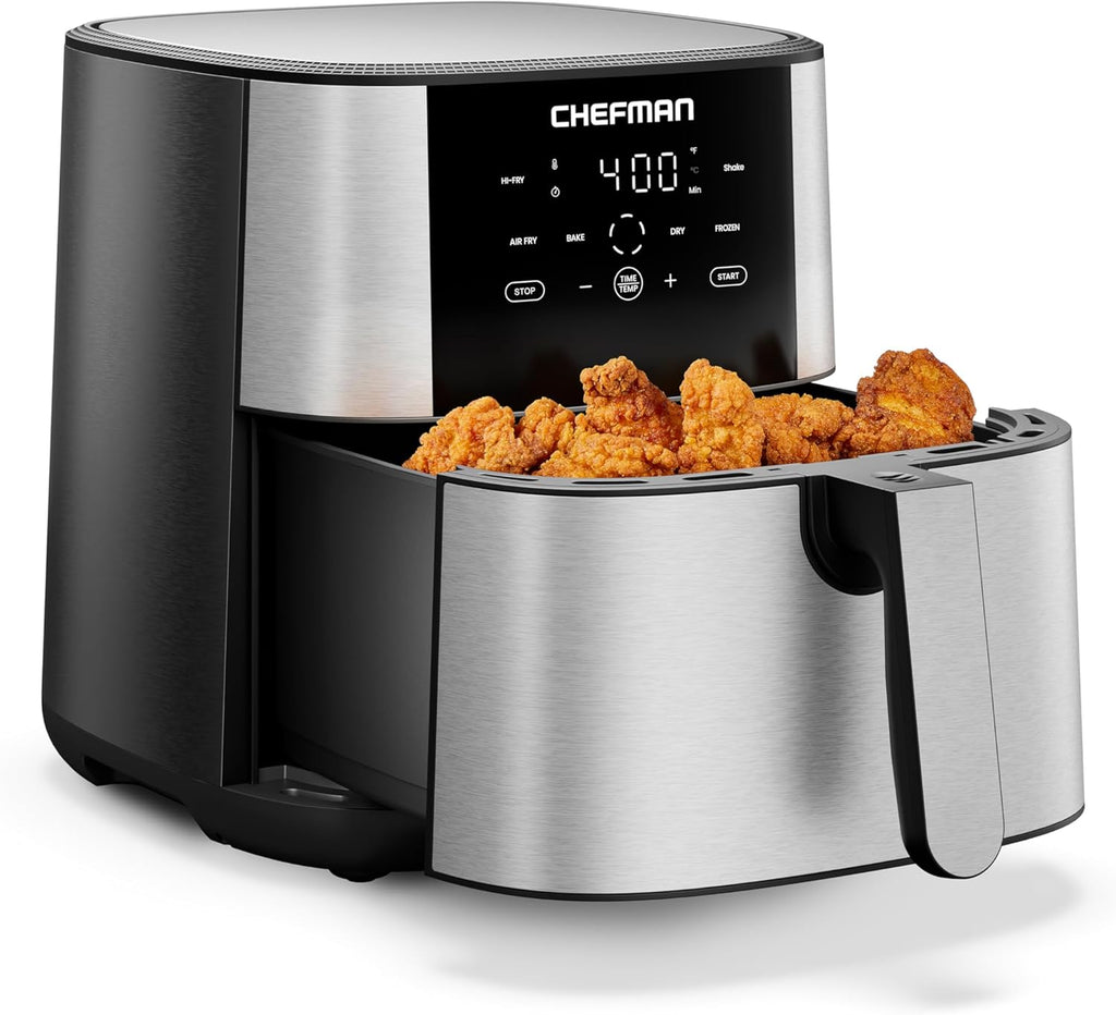 Chefman Freidora de aire de 8 cuartos de galón | TurboFry® 4 en 1 con opción Hi-Fry de 450°F para resultados más crujientes | Hornea, deshidrata, congelada | Cesta antiadherente XL apta para lavavajillas | Acero inoxidable