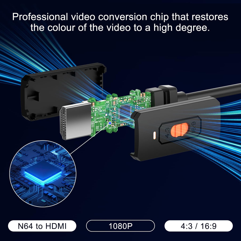 Azduou El convertidor N64 a HDMI convierte la señal de video de la consola de juegos N64 a señal HDMI. Conecta fácilmente la consola de juegos al adaptador/convertidor HDTV (compatible con N64, SNES, SFC, NGC 4 en 1)