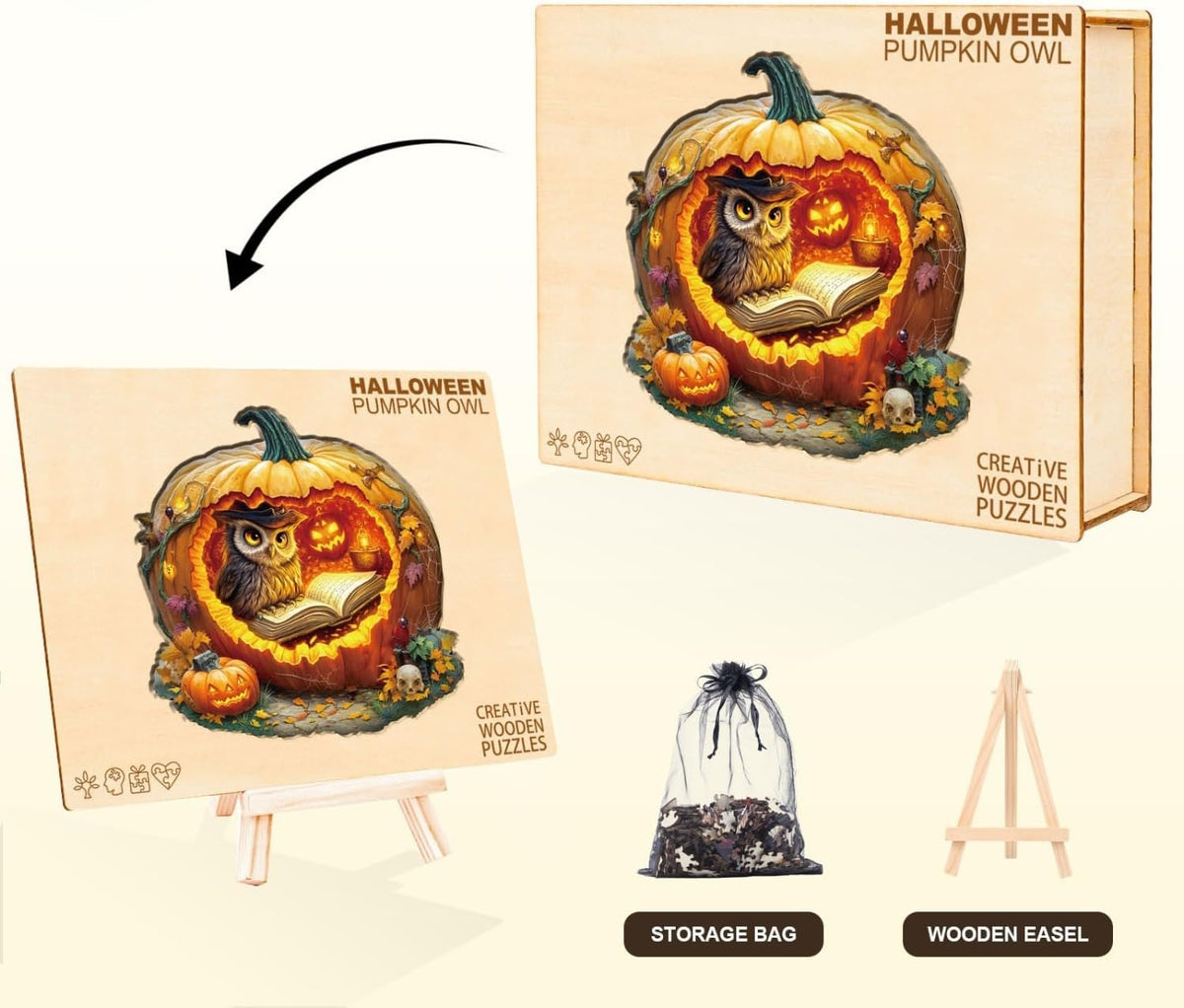Rompecabezas de búho de calabaza de Halloween, regalos para adultos, 190 piezas de 11.4 x 11.2 pulgadas