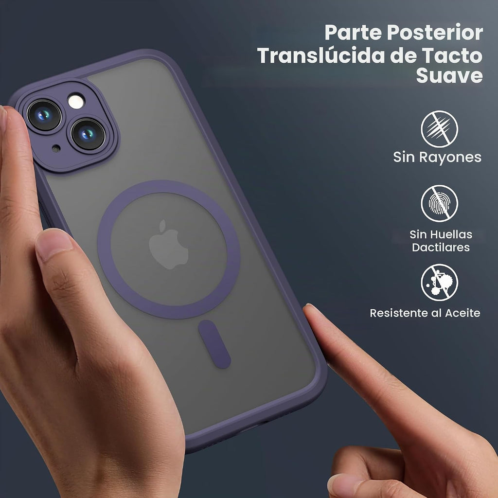 ImpactStrong Protector magnético diseñado para iPhone 15 [protección de cámara] [prueba de caídas de grado militar] [compatible con MagSafe] Funda delgada translúcida mate (6.1 pulgadas), color morado oscuro