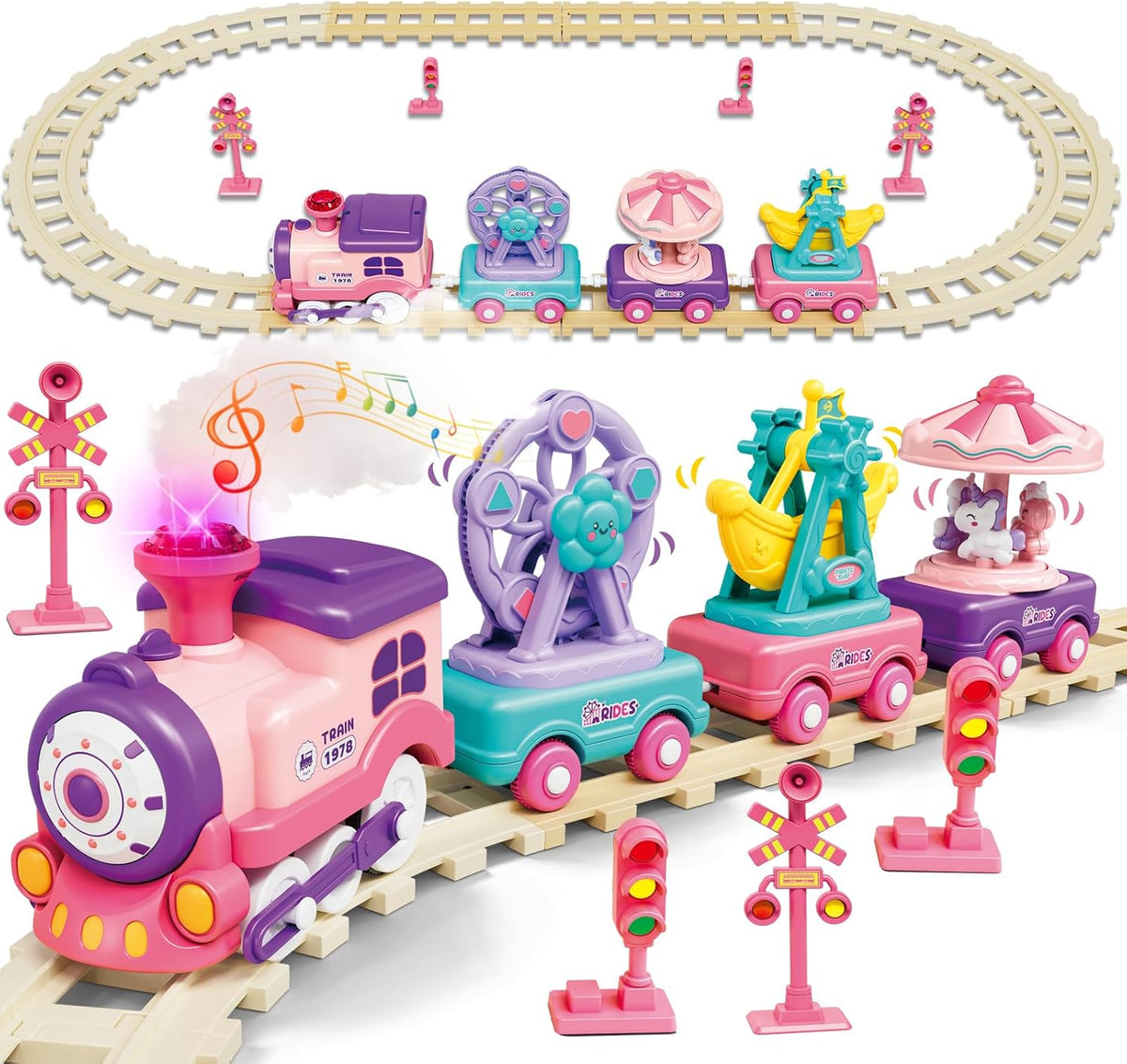 Juego de tren eléctrico para niñas con vapor, música y luces