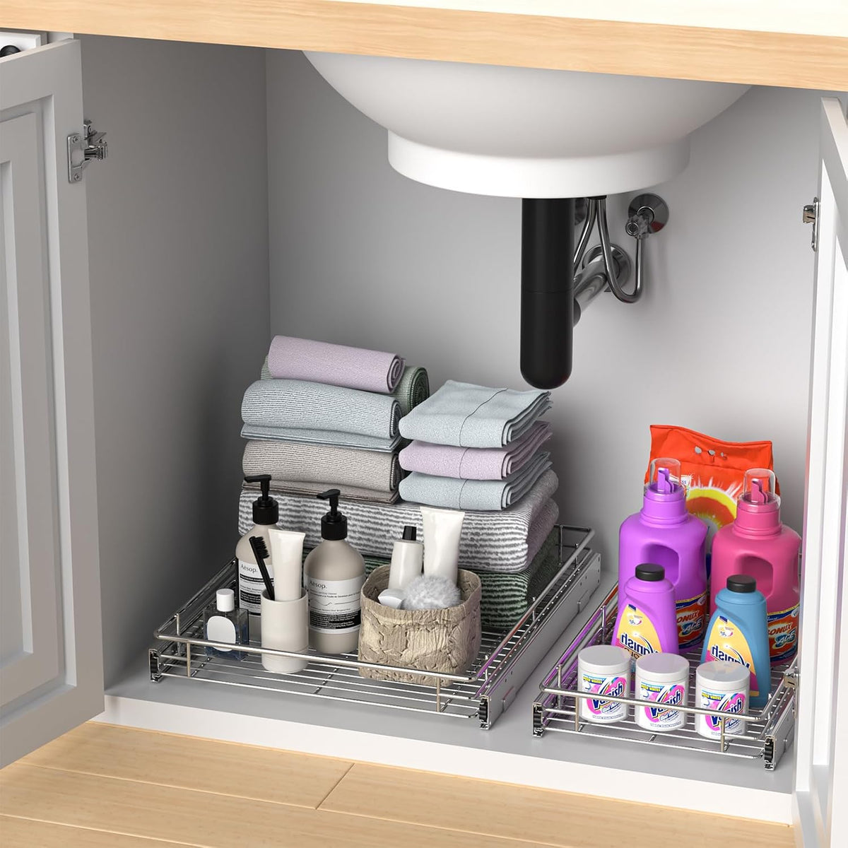 ZOINLIY Organizador de armario extraíble, versátil organizador de cocina deslizante y almacenamiento, cesta de almacenamiento de cajones resistente, deslizamiento suave, acabado cromado (24.8 x 21