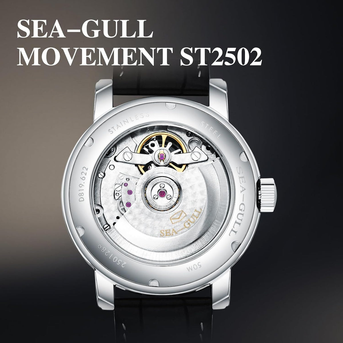 SEA-GULL 2021 Reloj de Hombre Seagull Automático Mecánico Hueco Calendario Potencial Multifunción Volante Negocios, Blanco - D819.626, Correa