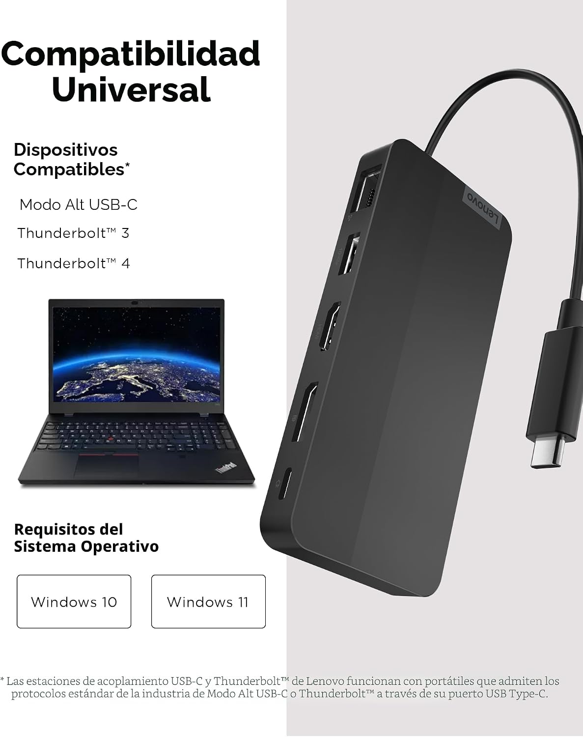 Lenovo Base de viaje USB-C de doble pantalla, 7 puertos, cable USB-...