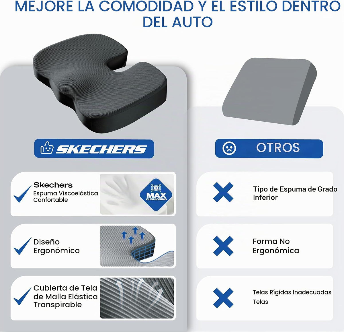 Skechers Cojín de Espuma Viscoelástica para Asiento, Cojín para Silla de Oficina para Alivio del Dolor de Coxis, Almohada para Glúteos para Silla de Oficina, Cojín para Asiento de Coche, Escritorio de