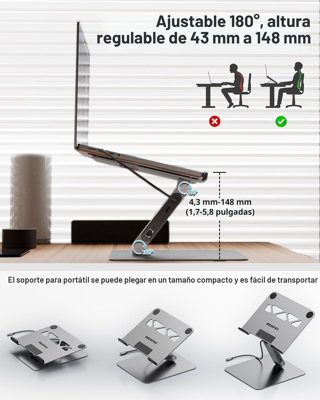 BENFEI Soporte para portátil con estación de acoplamiento USB C 6en1, HDMI 4K@60Hz, 6-in-1 stand