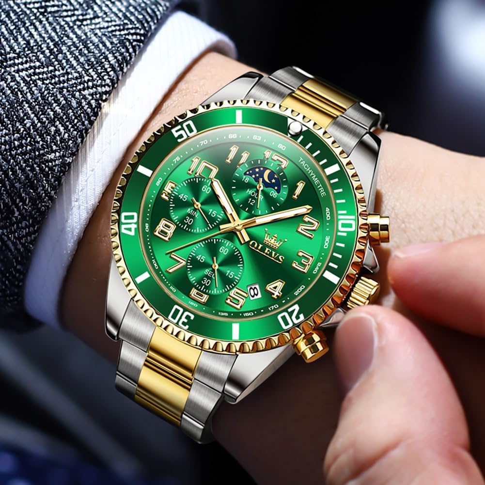 OLEVS Reloj de caballero Cronógrafo de lujo con fases de la luna, dos tonos, acero inoxidable, a prueba de agua, luminiscente, calendario empresarial, reloj de pulsera