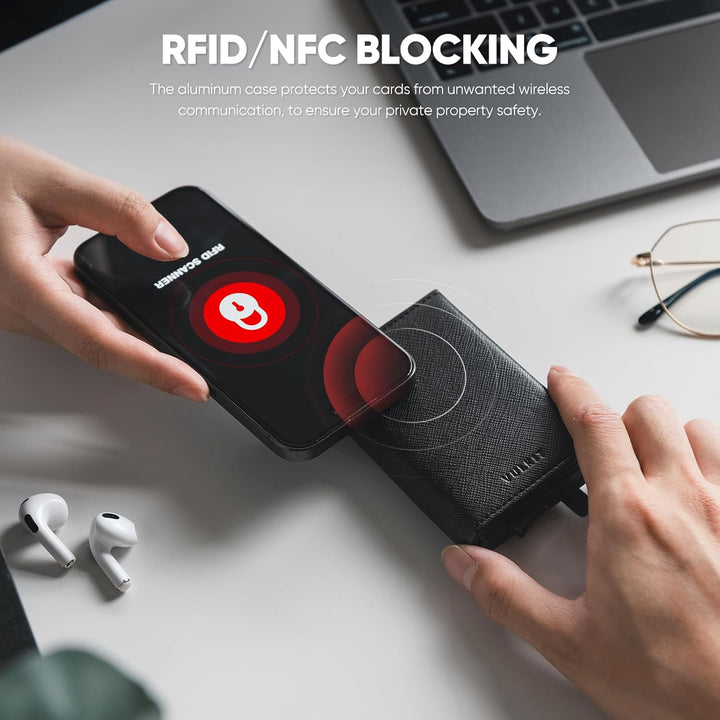 VULKIT Cartera desplegable de piel con bloqueo RFID para tarjetas d...