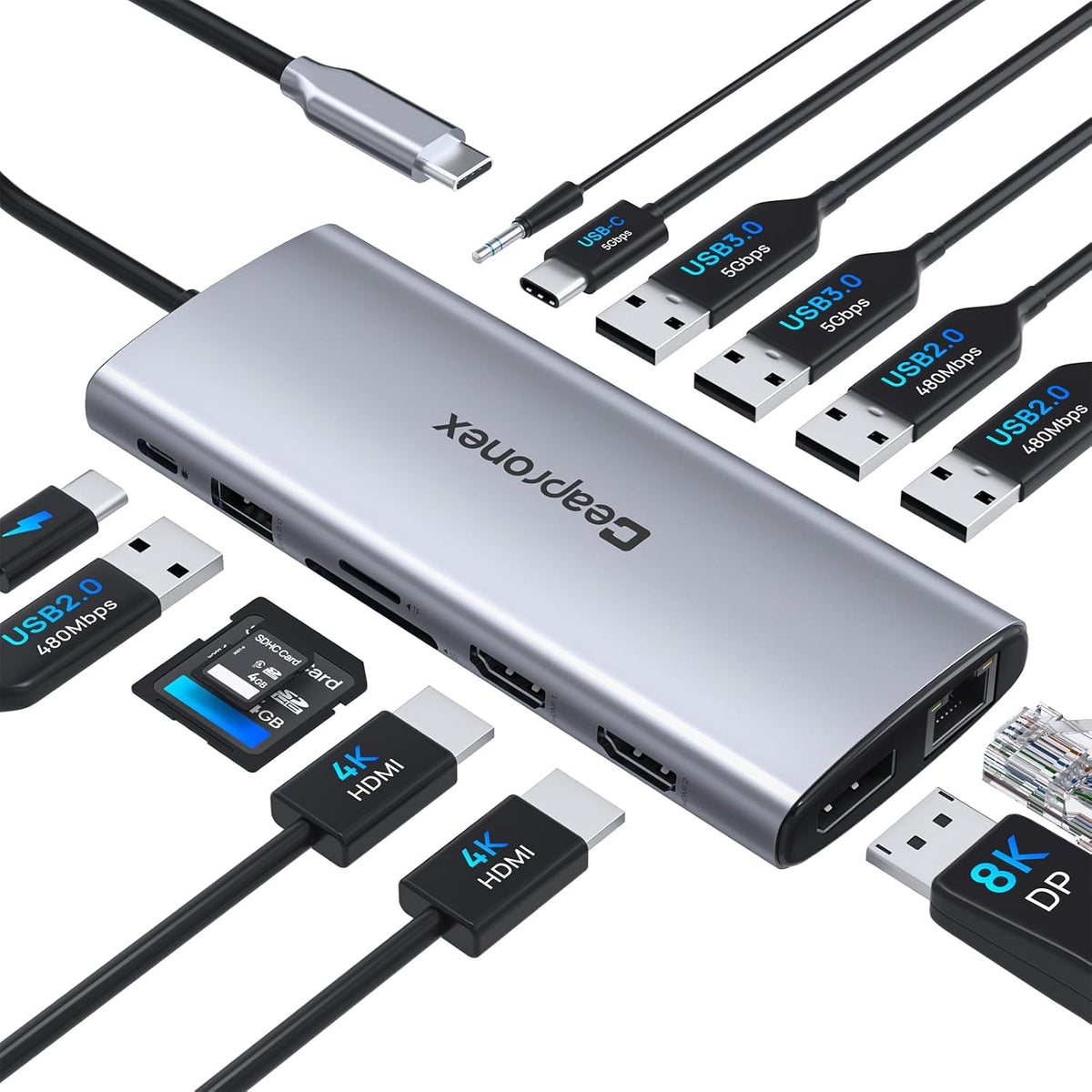 Estación de acoplamiento USB C 14 en 1 con 2 HDMI 4K + DP 8K 3 monitores triple pantalla para laptop, MacBook Pro/Air/HP/DELL/Lenovo, USB C Hub Dongle Dock con USB 3.0, RJ45, 100W PD, SD/TF, audio