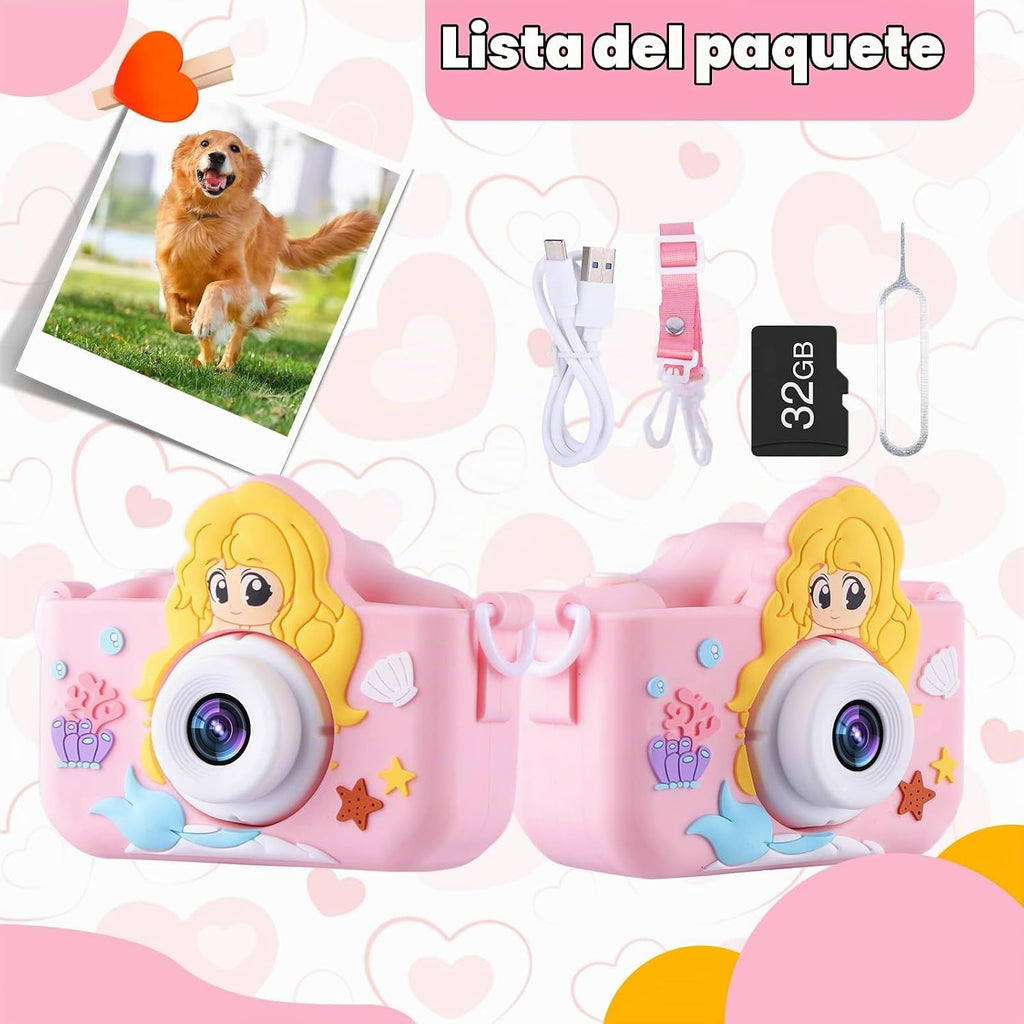 Cámara para niñas de 3 a 8 años, juguetes de sirena, cámara digital para niños pequeños, regalos de Navidad y cumpleaños para niñas de 3, 4, 5, 6, 7, 8 años, linda cámara de video selfie, HD
