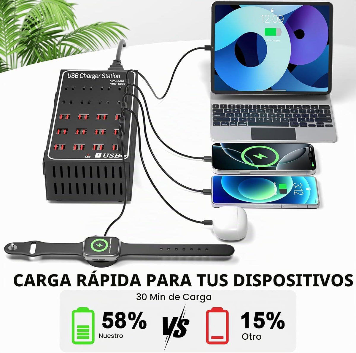 Estación de carga USB de 250 W 50 A para múltiples dispositivos, bloque de cargador USB rápido de 50 puertos, cargador rápido de pared de escritorio con protección inteligente, regleta de alimentación