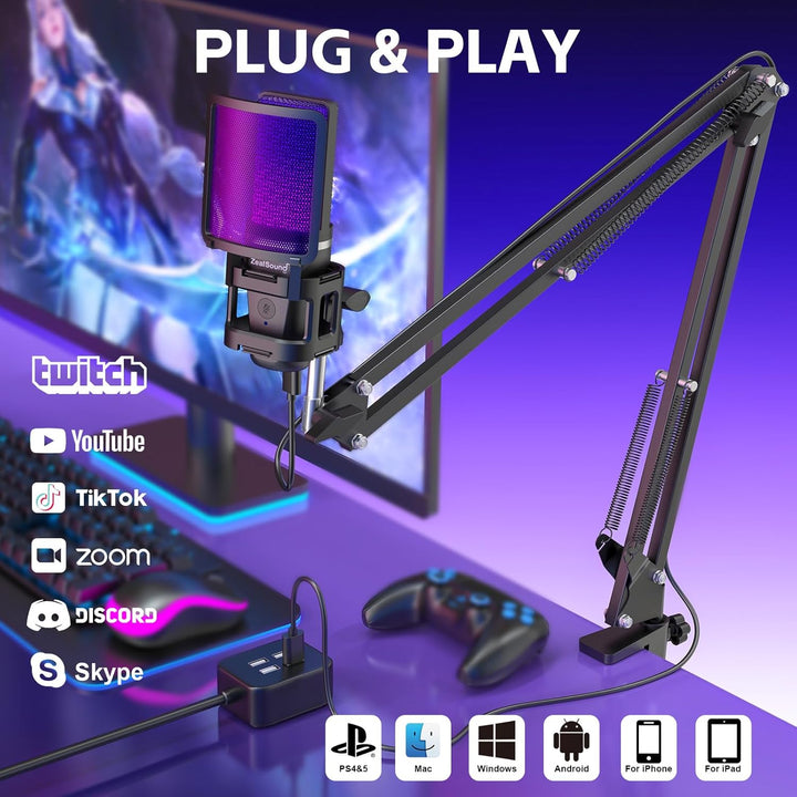 ZealSound Micrófono USB para Juegos, Micrófono Condensador con Canc...