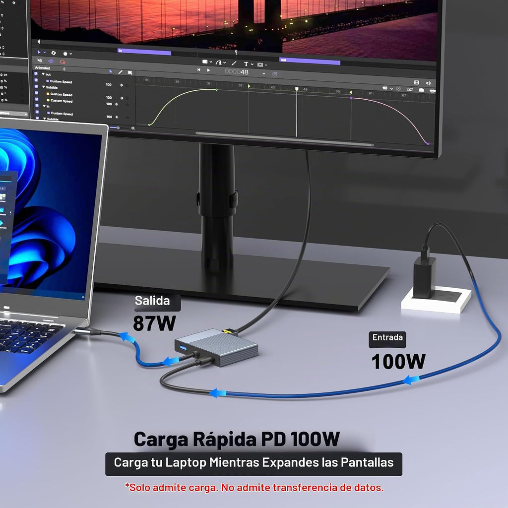 Adaptador USB C a 3 HDMI con PD 100W/USB3.0, 4K a 60Hz 3 vías HDMI Splitter Pantalla extendida para 3 monitores, estación de acoplamiento de monitor triple para laptop Dell/HP/Mac, concentrador SST