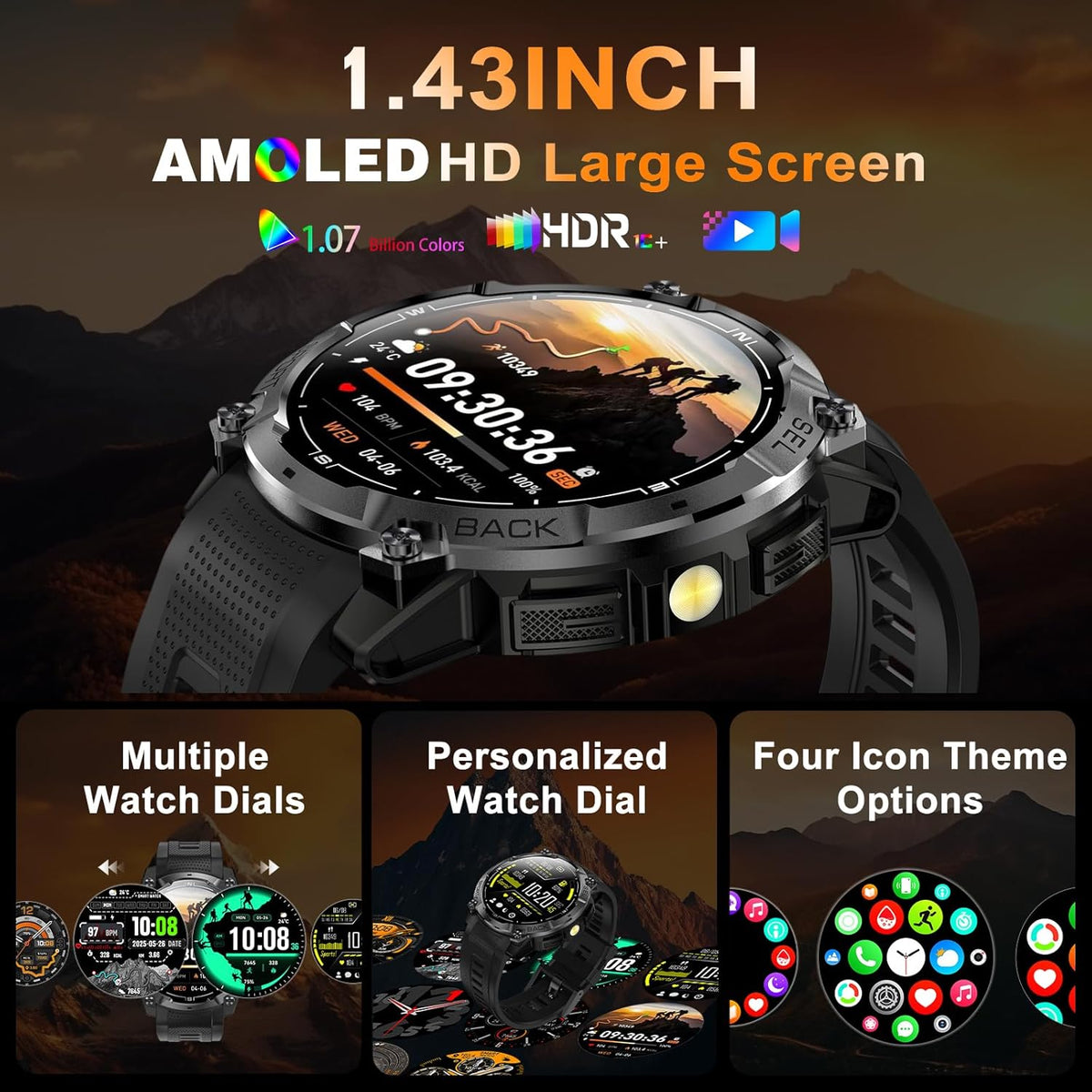 Reloj inteligente militar resistente para hombre con GPS, reloj AMOLED de seguimiento de fitness de 1.43 pulgadas con llamada Bluetooth, linterna/brújula, más de 170 modos deportivos, impermeable, reloj inteligente para hombre para Android iPhone