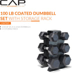 CAP Juego de mancuernas con estante, juego de pesas hexagonales con revestimiento de goma, opciones de 100 a 300 libras, almacenamiento vertical que ahorra espacio para entrenamiento de fuerza en el
