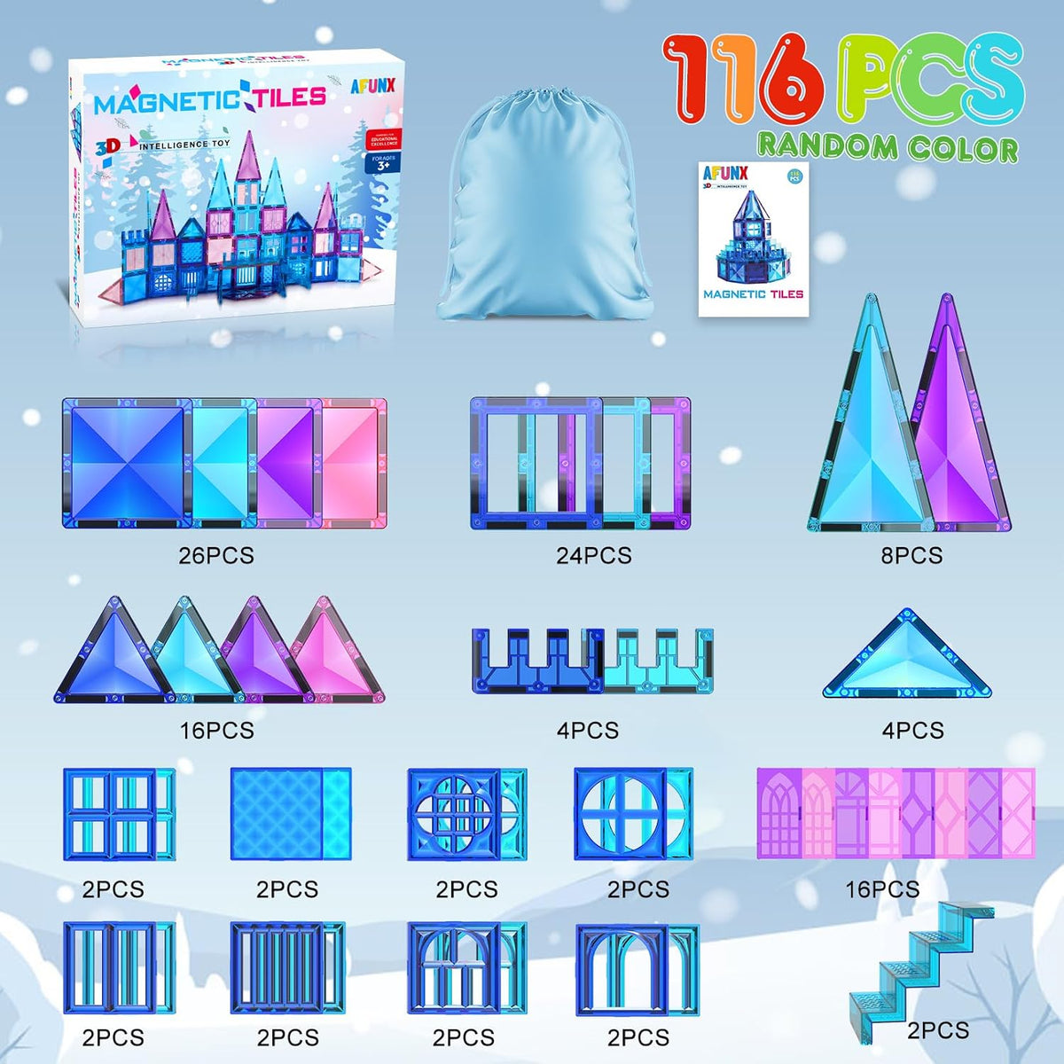 Azulejos magnéticos, 116 bloques de construcción magnéticos, bloques magnéticos de diamante 3D, juguetes de construcción para niños, juguetes educativos para niños y niñas de 3, 4, 5, 6, 7, 8