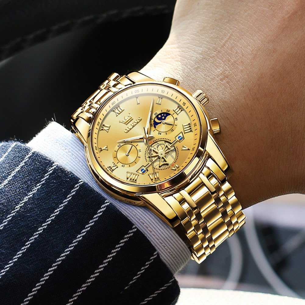 OLEVS Relojes para hombre, resistente al agua, de lujo, gran cara, reloj analógico de cuarzo de acero inoxidable, relojes de vestir analógicos para hombre, luminoso, multifuncional, reloj de hombre