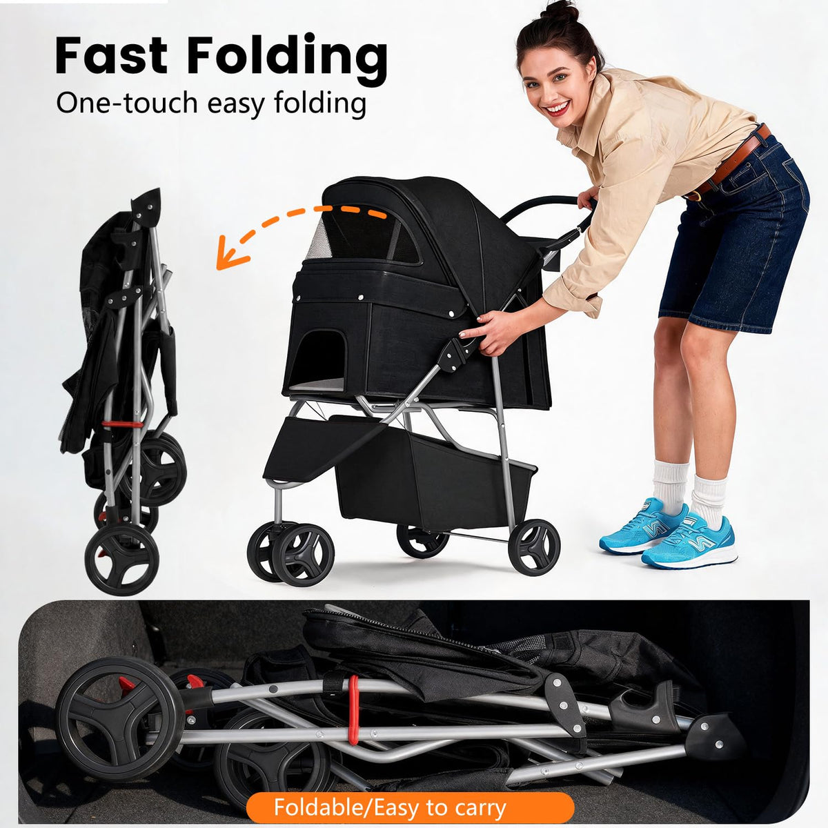 BestPet | Carriola de 3 ruedas para mascotas | Carriola para perros y gatos | Malla transpirable | Portador de viaje ligero | Diseño impermeable y plegable | Cesta de almacenamiento | Negro | para