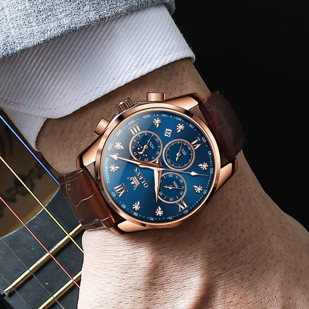 OLEVS Reloj de Hombre de Cuero con Cronógrafo Diamante Lujo Moda Vestimenta Analógico Cuarzo Pulsera Iluminada Resistente al Agua Fase Lunar Fecha