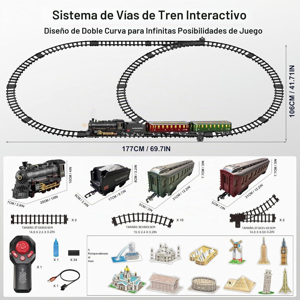 Juegos de tren eléctrico con control remoto para niños, juguetes de tren de Navidad, locomotora de vapor con 3 humos, vagones de pasajeros brillantes, pistas de lujo, luz y sonidos, regalos de cumpleaños para niños y niñas
