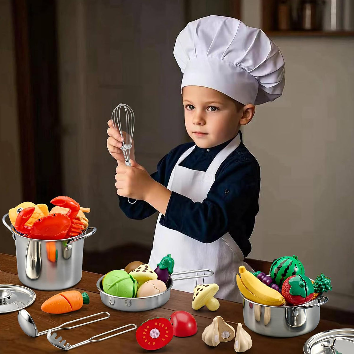 Juego de 13 piezas de accesorios de cocina para niños, ollas y sartenes de acero inoxidable, utensilios de cocina en carrito de drenaje, accesorios para niños de 3 años