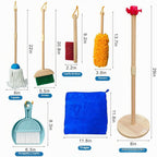 Juego de limpieza para niños, paquete de 8 unidades de limpieza de madera para tareas domésticas, incluye escoba, recogedor, escoba, recogedor, cepillos y soporte organizador, madera de haya maciza, juguetes de limpieza, regalo para niños y niñas de 3 a 8